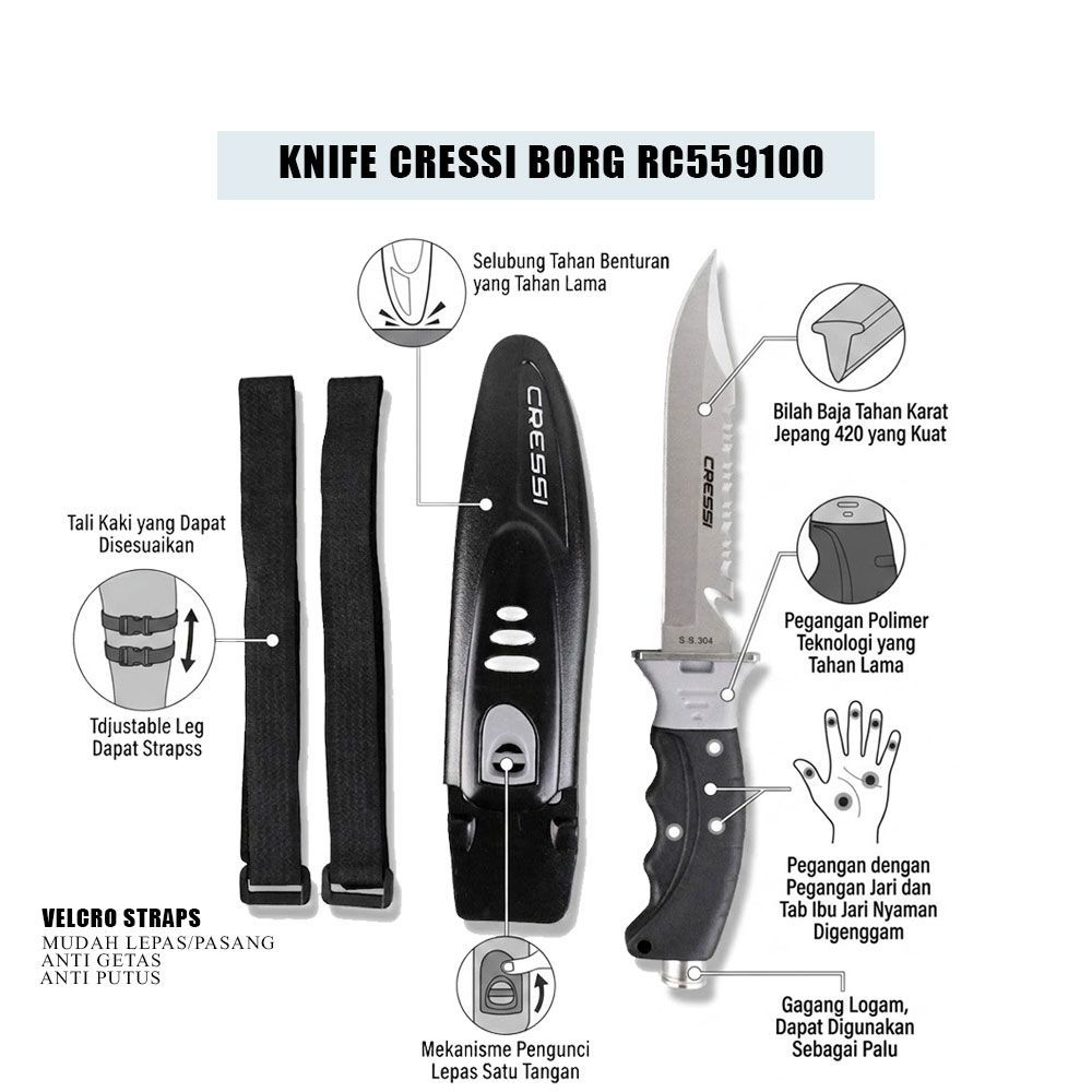 Knife Cressi Borg RC559100 / Peralatan Selam / diving knife / Pisau Selam / Pisau air / Pisah Selam 