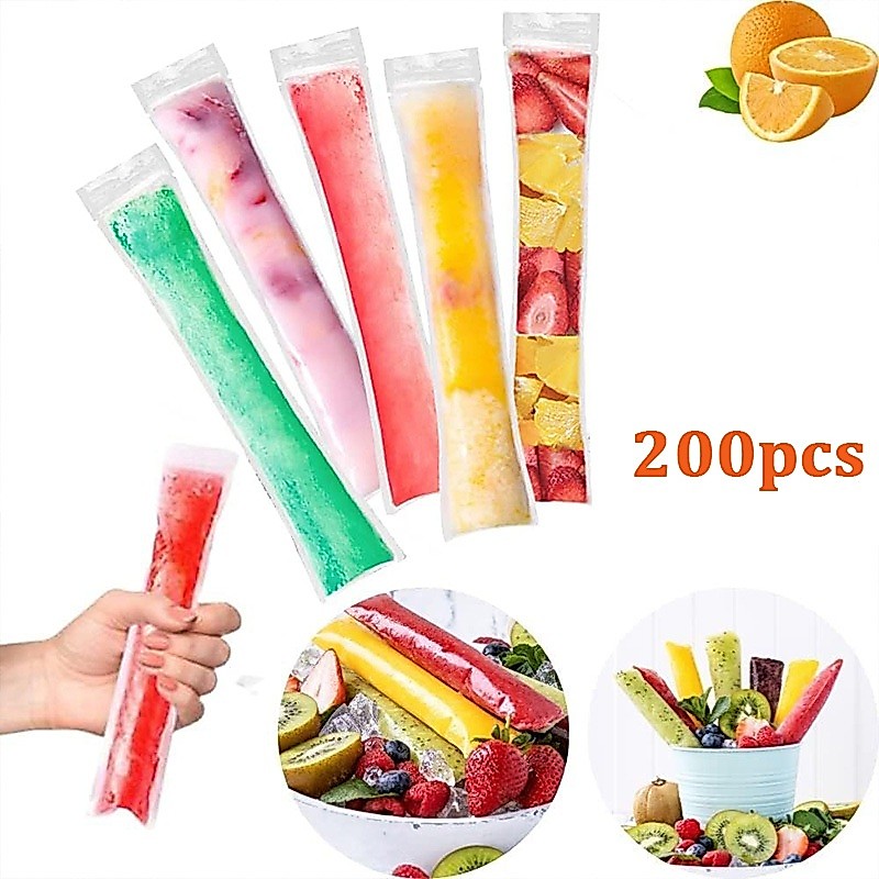 200pcs Plastik Es Mambo Kantong Plastik Es Lilin Panjang Klip Ice Pop Plastik Klip Es Panjang