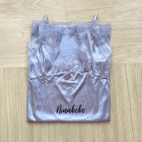 Ninabobo BT004 Lingerie Dress Satin Mini Deep V Silk Baju Tidur Wanita Mini Daster Renda - Abu