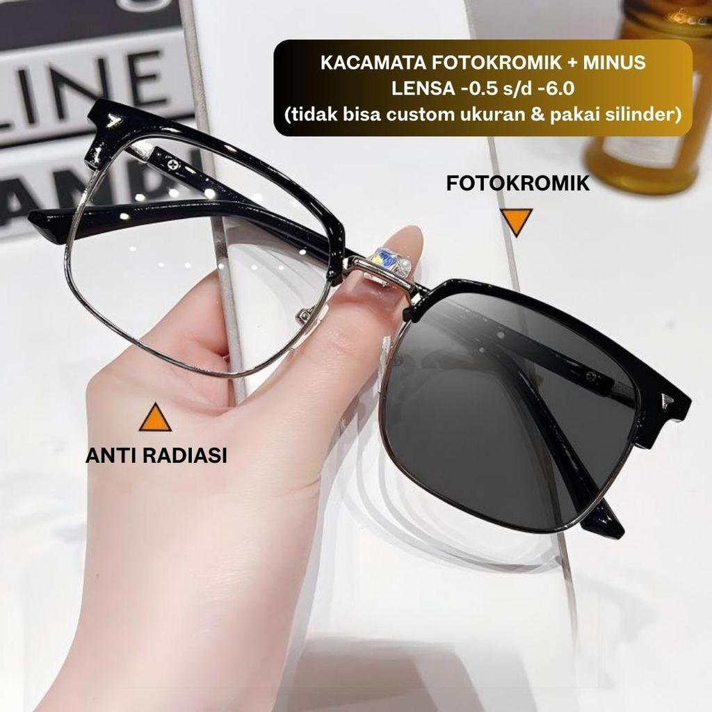 Kacamata Gaya 2 Fungsi Lensa Fotokromik + Minus -0.5 s/d -6.0 Tanapa Silinder Anti Sinar Biru Anti R