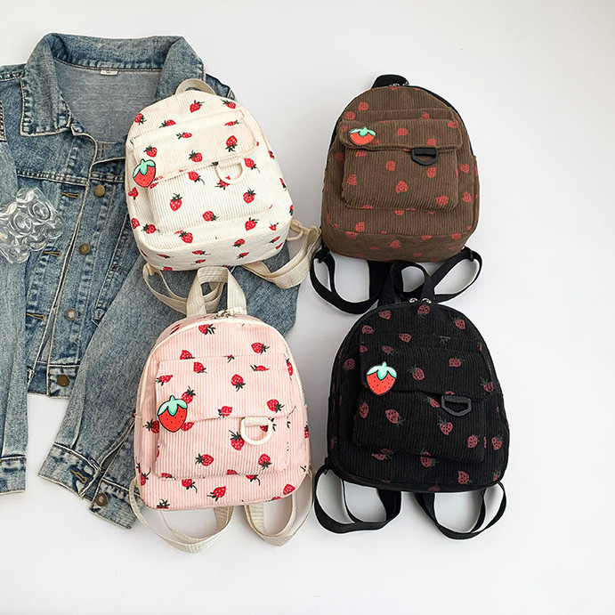 Ransel Mini Gaya Korea Mini Backpack Korduroi Tas Kekinian Motif Strawberry - HYB28B