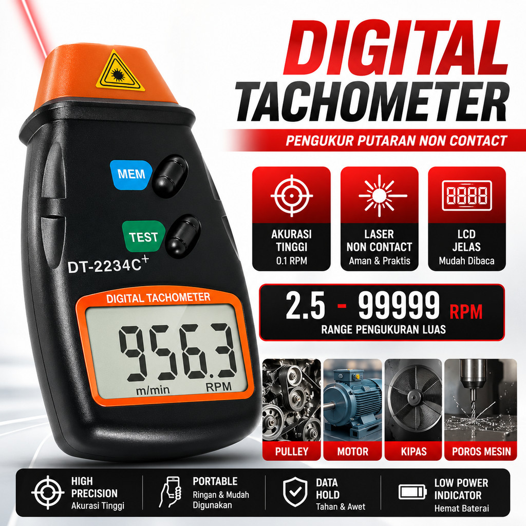 RPM Meter Pengukur Putaran Digital Laser Tachometer Non Contact 2.5-99999 RPM LCD High Precision Pho