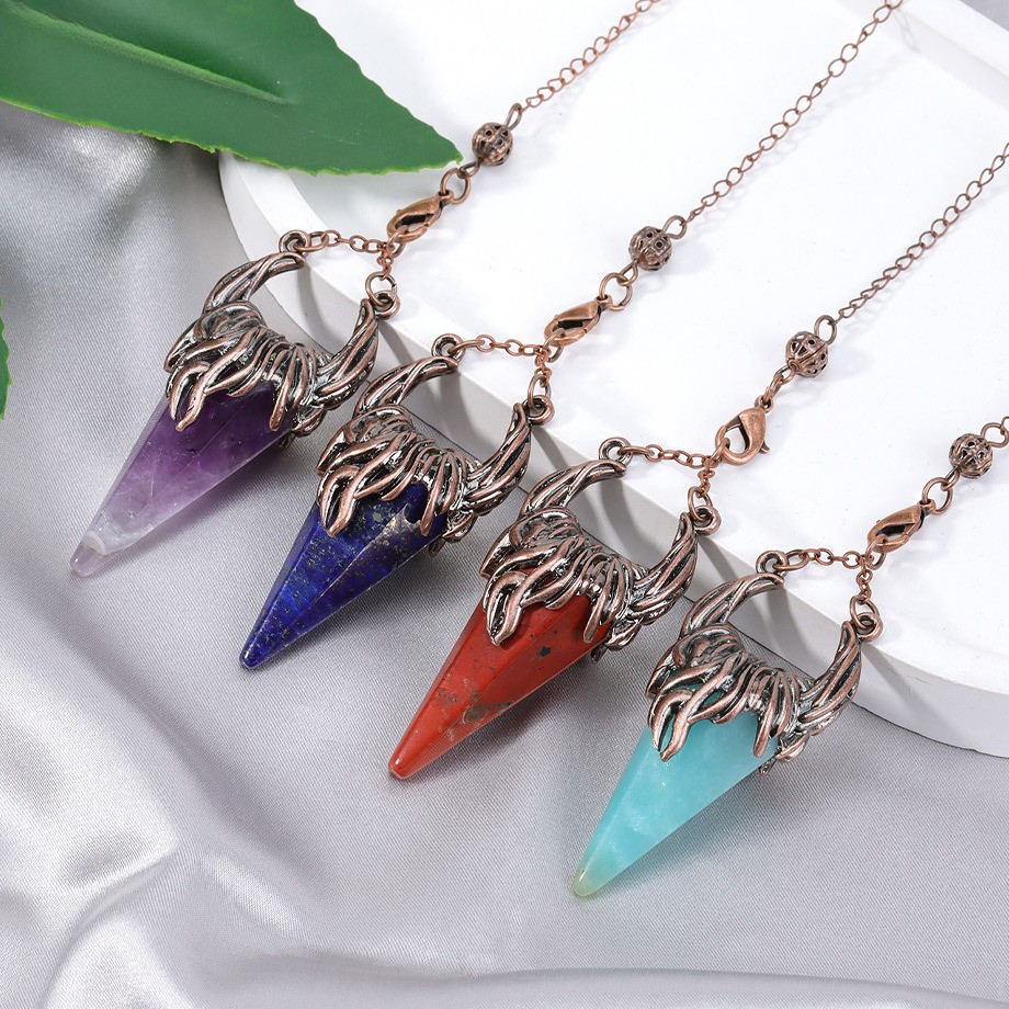 Batu kristal alam, liontin pendulum tanduk kerucut heksagonal, liontin pendulum.