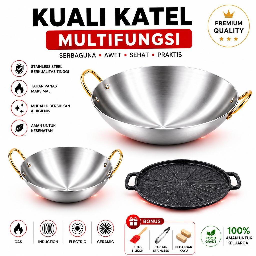COD Set Wajan dan Grill Pan Stainless SUS 304 Tebal Anti Lengket Anti Karat Desain Modern Terdiri da