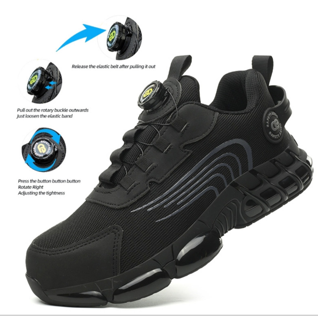 Sepatu safety shoes tactikal tali putar ujung besi hitam casual