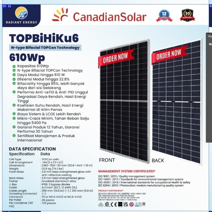 PROMO- SOLAR PANEL CANADIAN SOLAR BIFACIAL TOPCON 610WP DEPAN BELAKANG