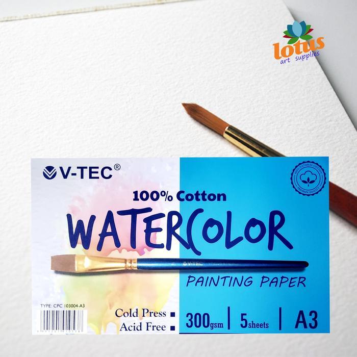 V-TEC Watercolor Paper A3 300gsm 100% COTTON 5 Sheets Painting Paper