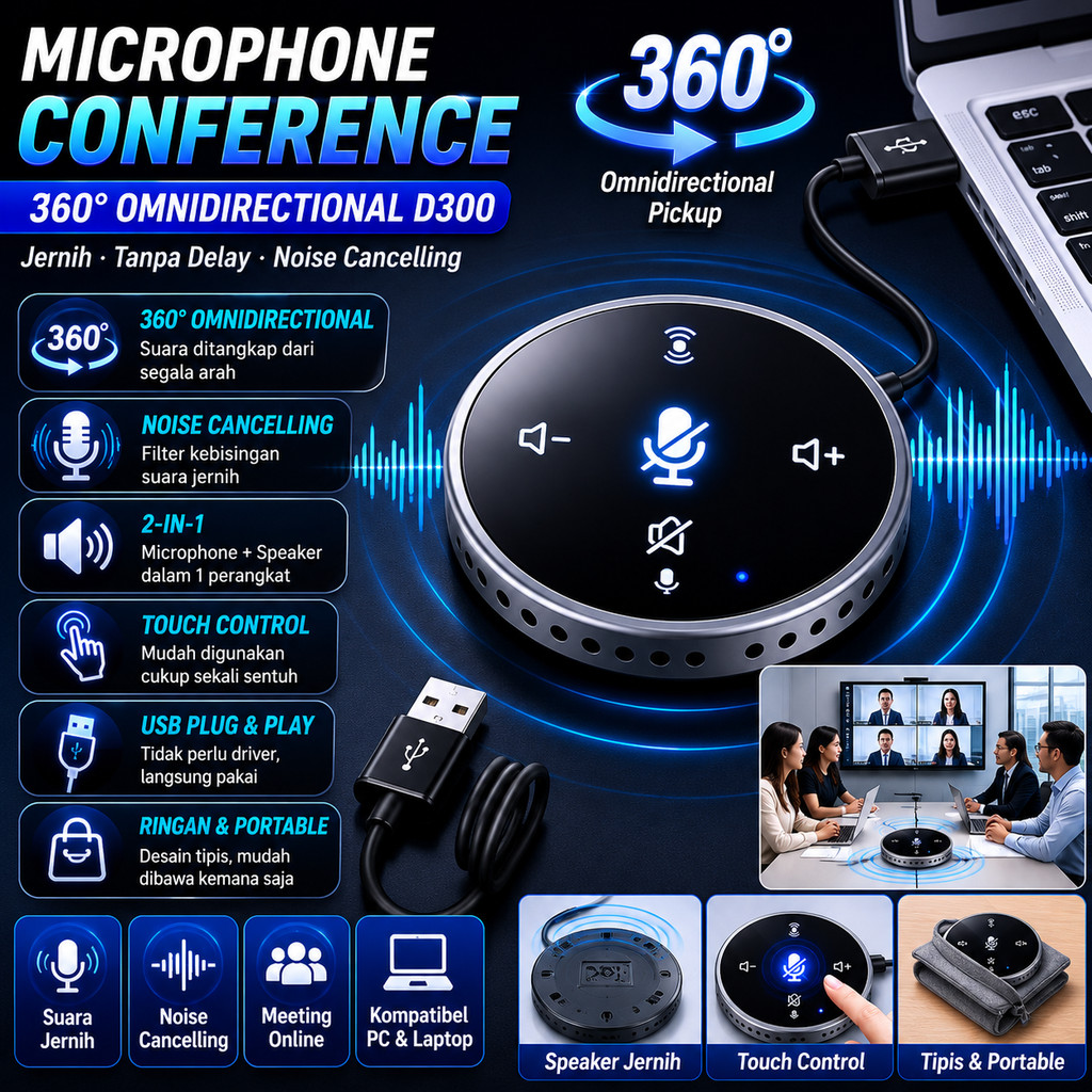 Microphone Conference Meeting USB 360 Degree D300 Mikrofon Meja Omnidirectional Noise Cancelling Spe