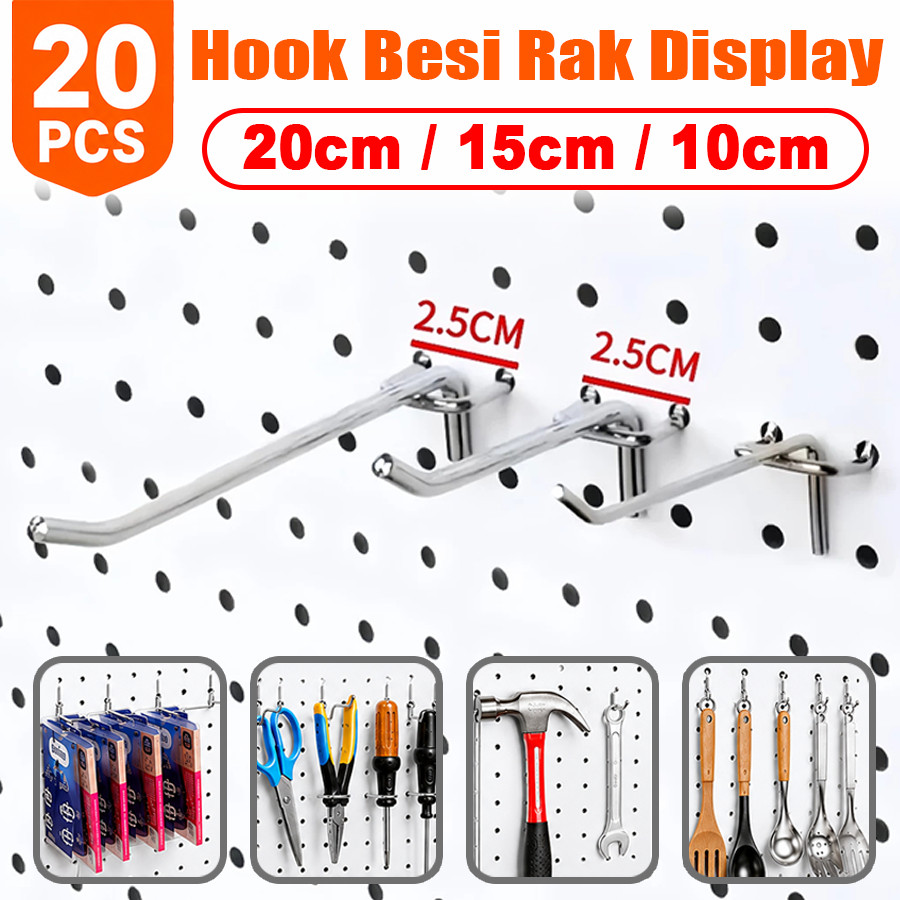 COD 20cm*20PCS Hook Ram Gantungan Besi Chrome Multifungsi Cantolan Display Rak Toko Pegboard Pengait