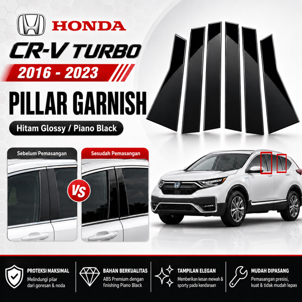 Garnish Sticker Trim Pilar Pintu Mobil Honda CRV 2016-2023 Hitam Glossy Piano Black Bahan PC
