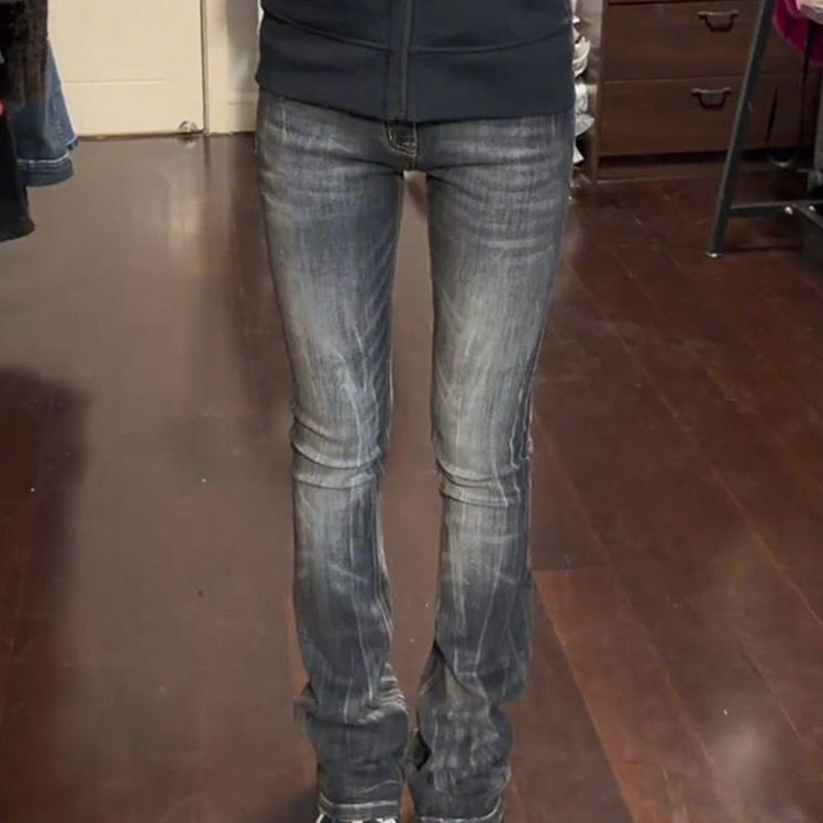 Women's Low Rise Jeans Flared Denim Pants Black American Retro Bootcut Jeans Korean Skinny Y2k