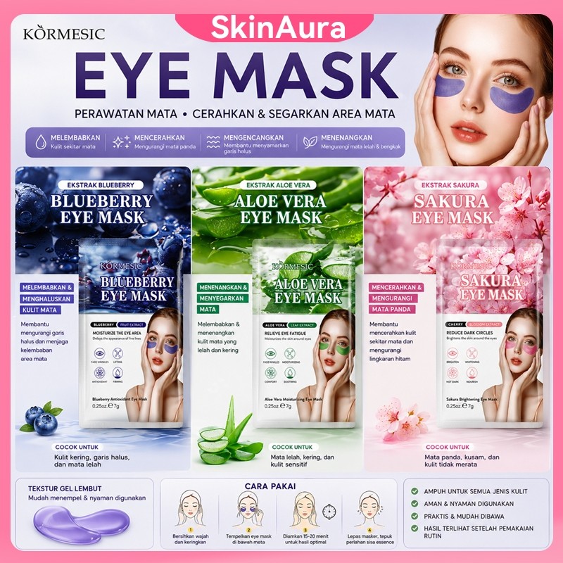 EYE MASK BPOM - 3 Variant: Blueberry/Sakura/Aloe Vera, Penghilang Mata Panda & Kantong Mata, Brighte