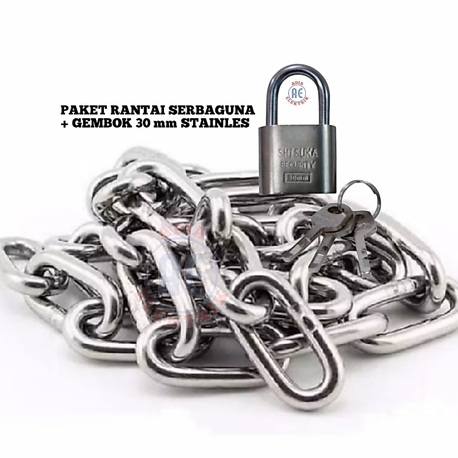 Rantai Besi Kapal 1/8 Inchi Rante Gembok Pagar Serbaguna + Gembok 30mm Stainles / Gembok Motor,Seped