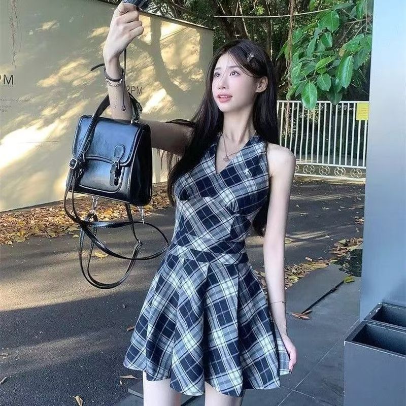 Seoul Cantik COD Dress Mini Kotak Wanita Halter V Neck A Line Korean French Retro