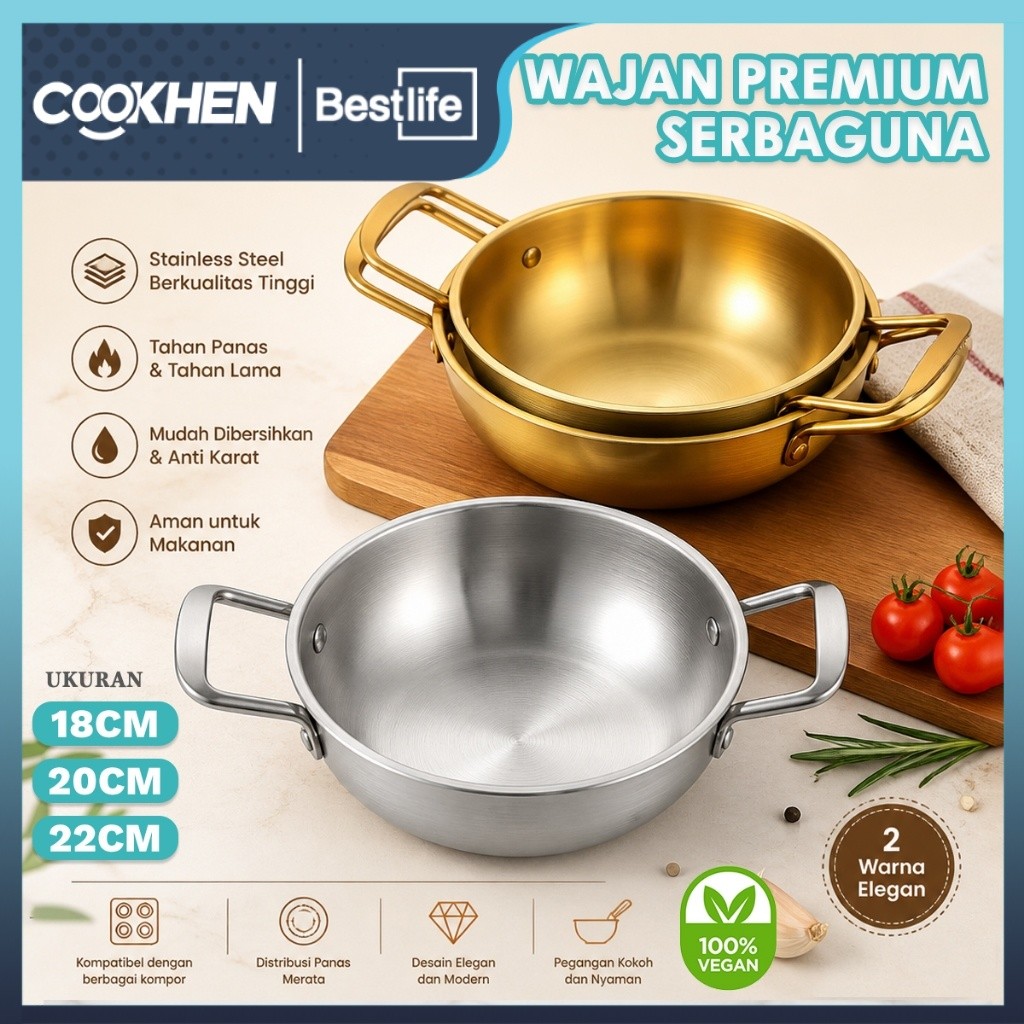 Cookhen 3PCS Panci Ramen Korea  Set 18/20/22CM Panci Masak Mie Stainless Steel 304 Anti Lengket Teba