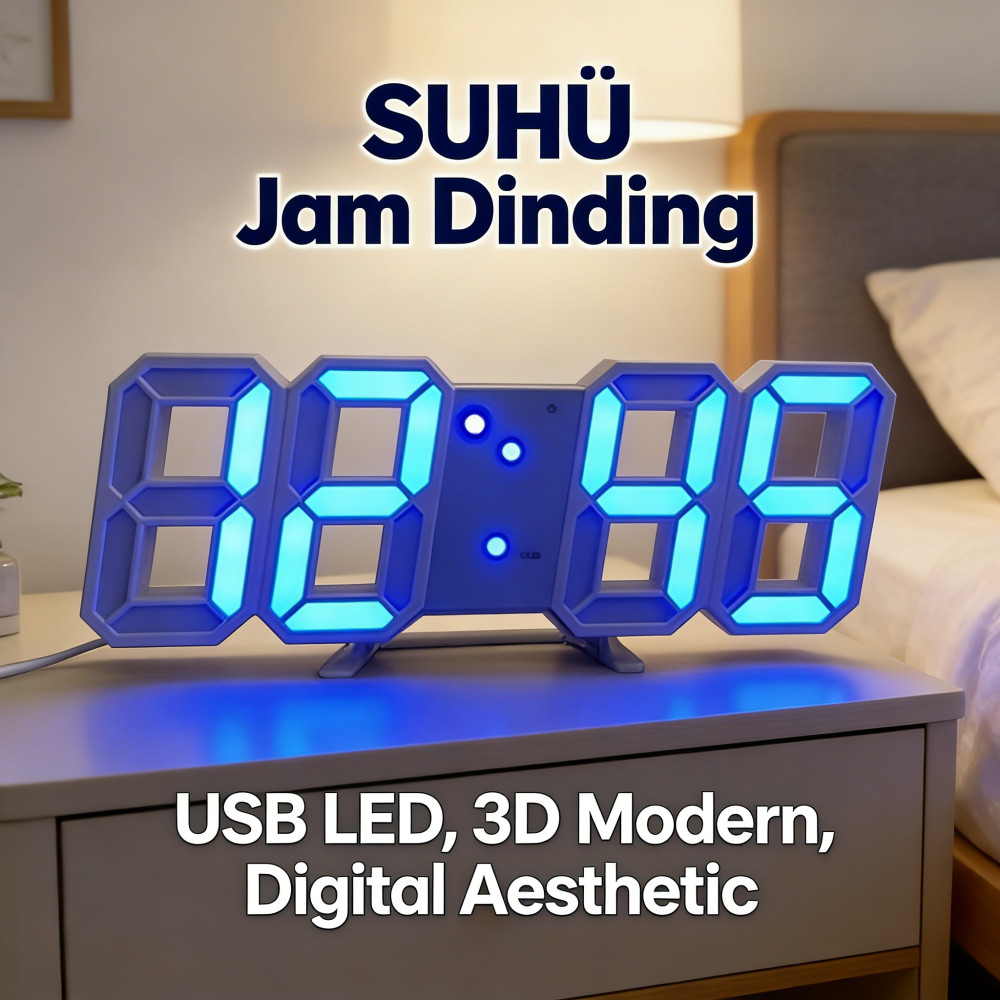 MEJA DINDING JAM MODERN BESAR 3D/SUHU-ALARM/JAM DIGITAL LED