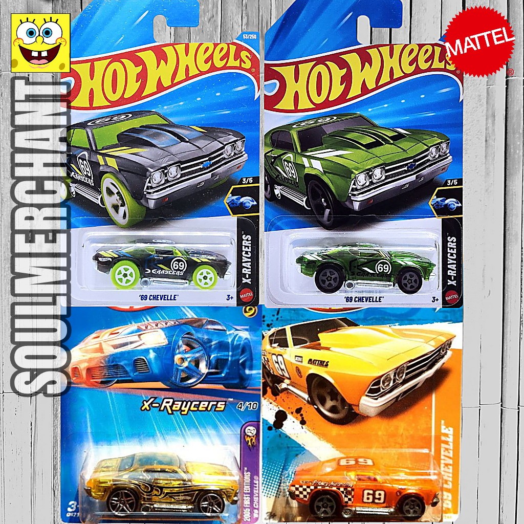 HOTWHEELS 69 CHEVELLE KUNING ORANGE CHROME HIJAU MERAH BIRU X-RAYCERS TOONED TRACK STARS