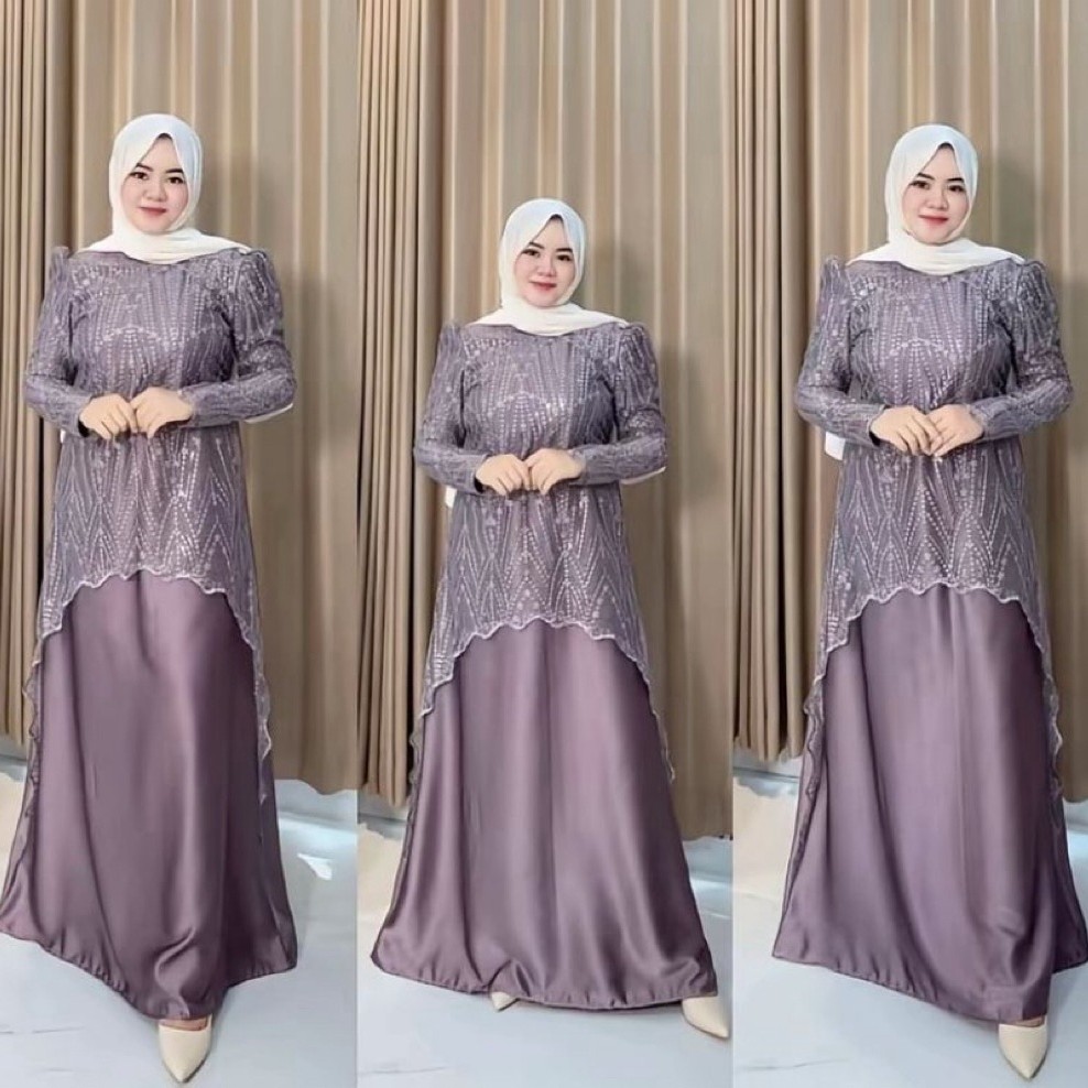 Mazaya Dress Seragaman Pesta Gamis Lilac Grey Mewah Dress Kondangan Brokat Glitar Abaya Pesta Muslim