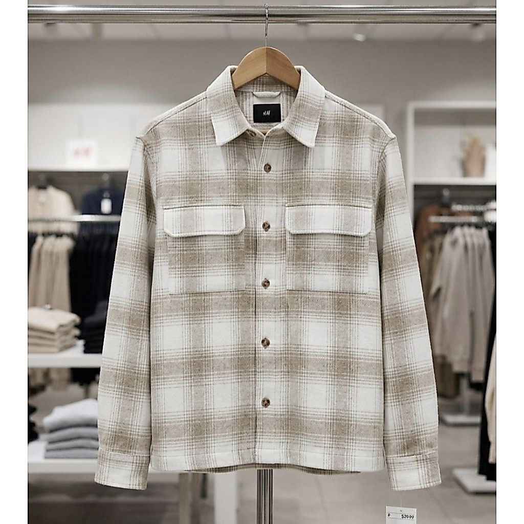 BEST DEALS HM OVERSHIRT SHACKET FLANNEL PRIA ORIGINAL BEIGE PLAID KEMEJA KOTAK-KOTAK TEBAL PREMIUM
