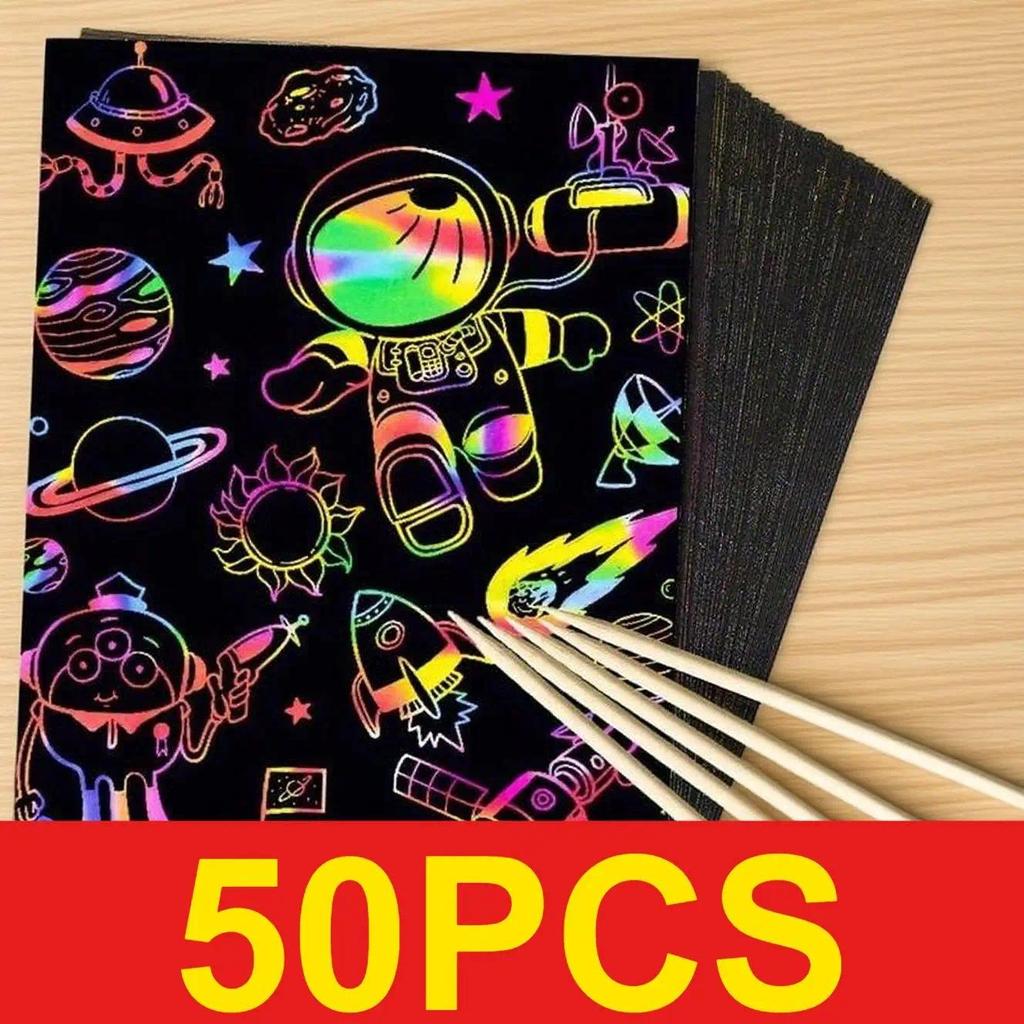 50 pcs Scrat Paper Kids Rainbow Magic Scrat Off Paper Sheets Art Craft Kit Black Note Paper Drawing 