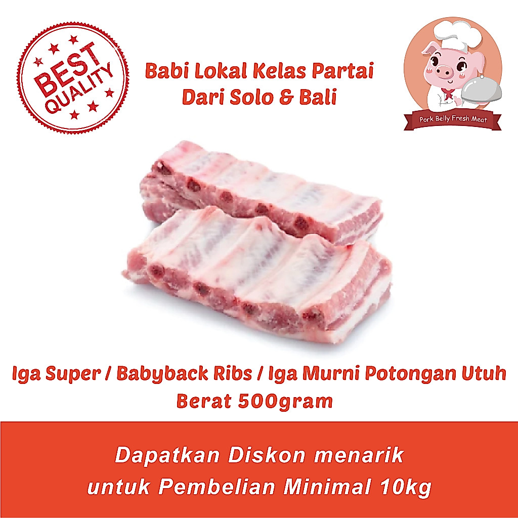 Iga Babi Super - Iga Murni Tanpa Tulang Punggung - Pork Ribs Fresh Utuh Berat 500gram