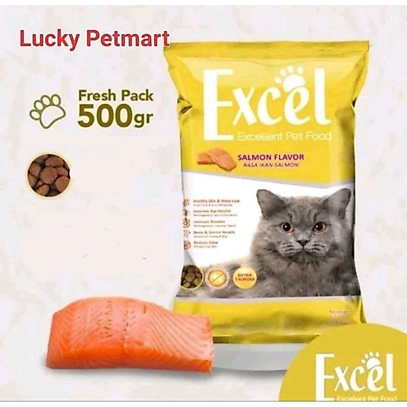 LUCKY - EXCEL Cat Food Rasa Salmon Flavor Makanan Kucing Kering 500 gr - Pelet Makanan Murah Untuk K