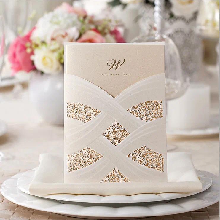 50x White laser cut invitation card cover jacket gate fold pocket wedding invitations kit White and 