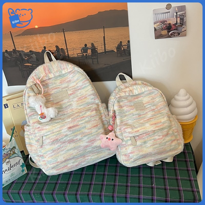 SUNIMPERIOR Pelangi Mewah Rajutan Tas Sekolah Wanita Tas Sekolah Pelangi Volume Tinggi Tas