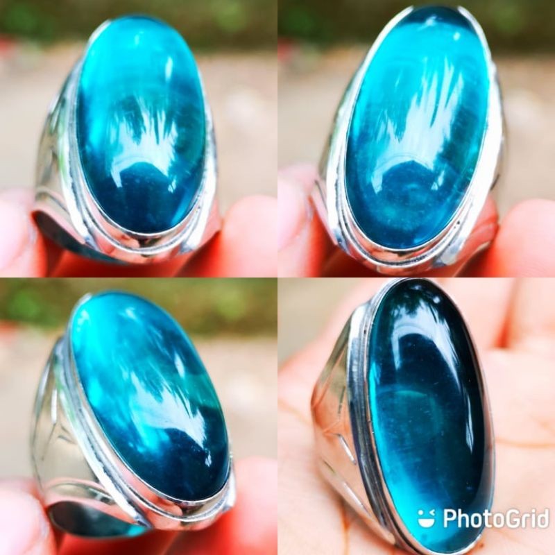 Batu Cincin Akik Pandan Biru Suji Polos Kristal Ring Stainless Anti Karat