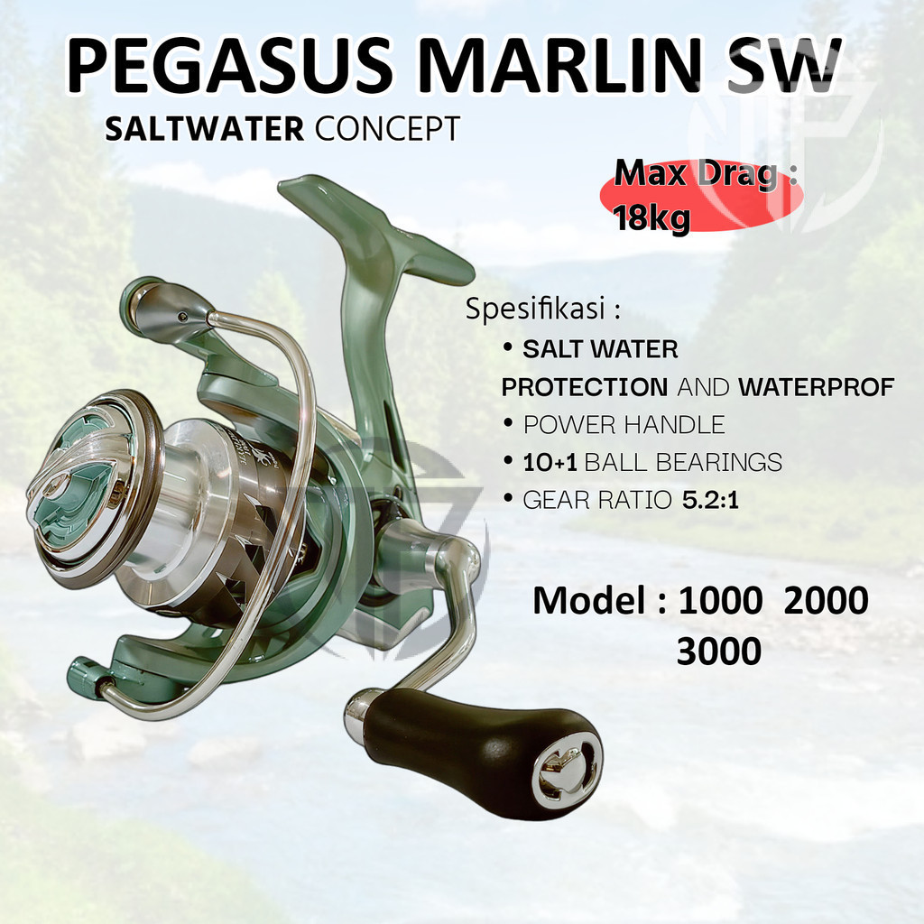 Reel PGS MARLIN SW 1000 2000 Rell Gulungan Spinning SaltWater Kuat 18kg Aluminium Spool Power Handle