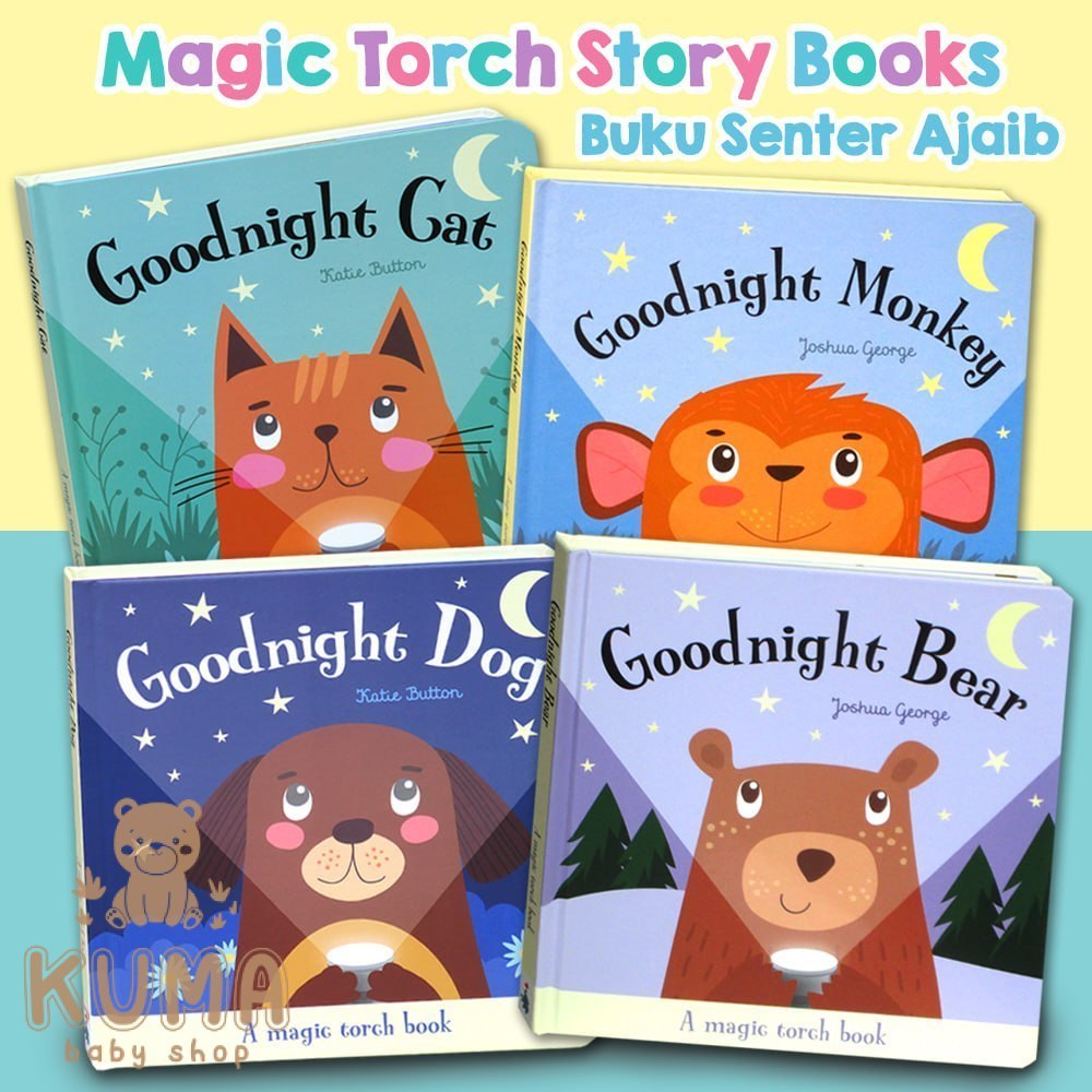 [Imagine That] Buku Senter Ajaib - Magic Torch Book Goodnight Bear / Lion / Cat / Monkey/ Dog (use t