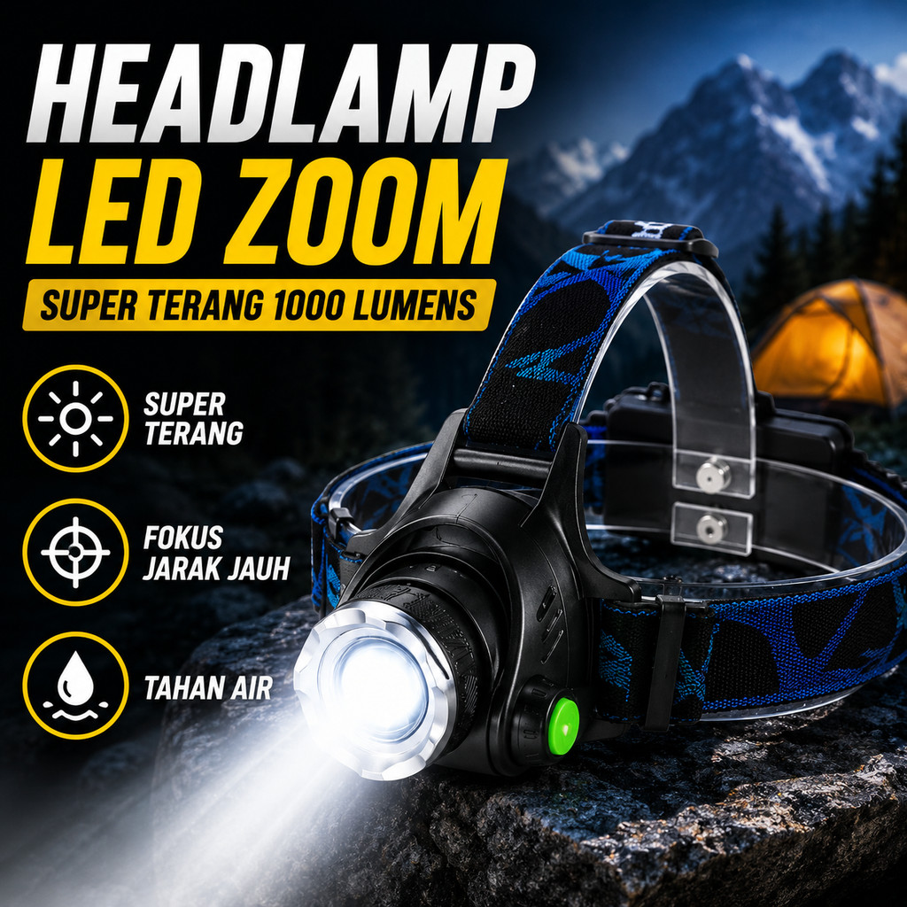 Headlamp Senter Kepala zoom Fokus Cree XML-T6 1000 Lumens 90° Adjustable Jarak 100M 3 Mode Aero Alum