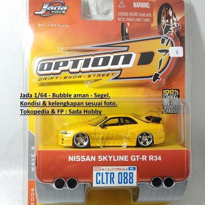 DIECAST JADA TOYS 1/64 JADA OPTION D NISSAN SKYLINE GT-R R34 KUNING RARE CADATOYS