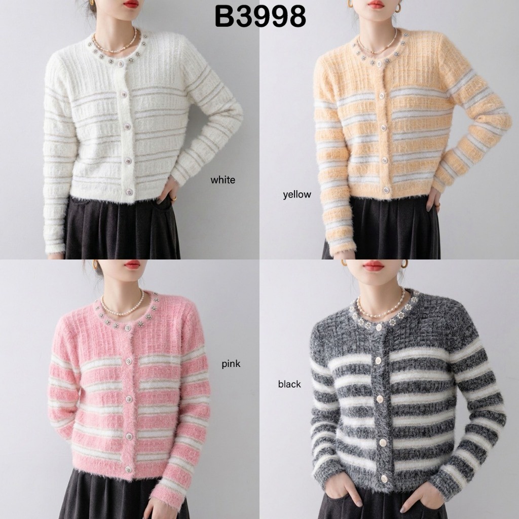[FG] Crystal Pearl Furry Stripe Cardigan / Outer Rajut Tekstur Bulu Style Korea B3998