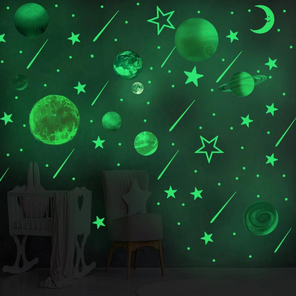 Luminous Planet Stars Moon Wall Sticker For Kids Room Decor Wallpaper Baby Bedroom Background Decora
