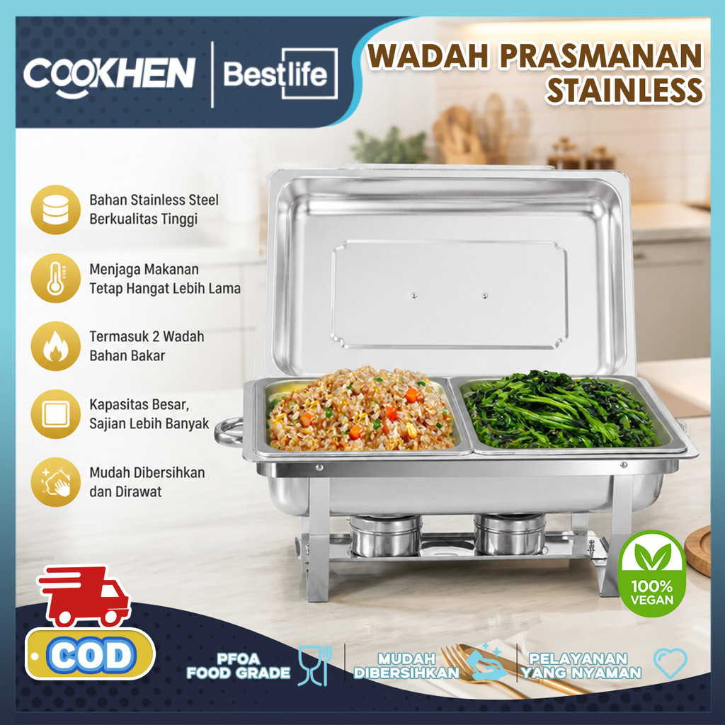 COOKHEN SUS304Kotak Prasmanan Chafing Dish 2 Tray | Wadah Pemanas Nasi Jumbo Hemat Listrik