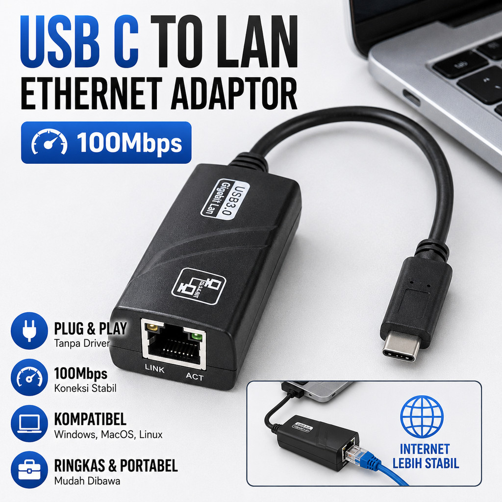Kabel Adaptor USB Type C To LAN RJ45 Ethernet Adapter 100Mbps Laptop PC Konverter Port USB-C Ke RJ45