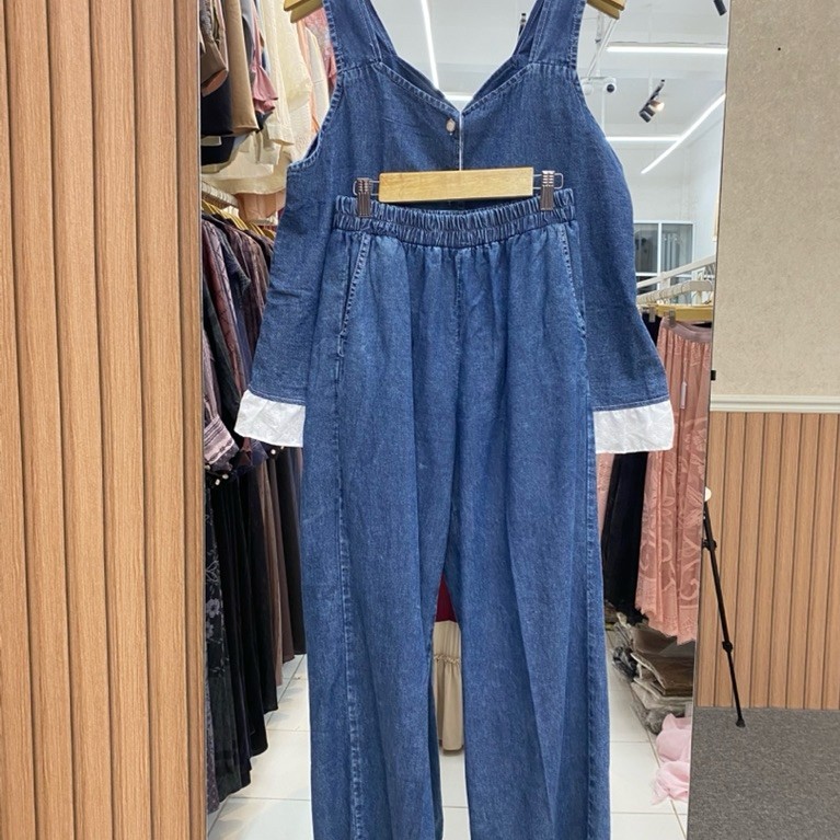 One set vest jeans wanita celana kulot