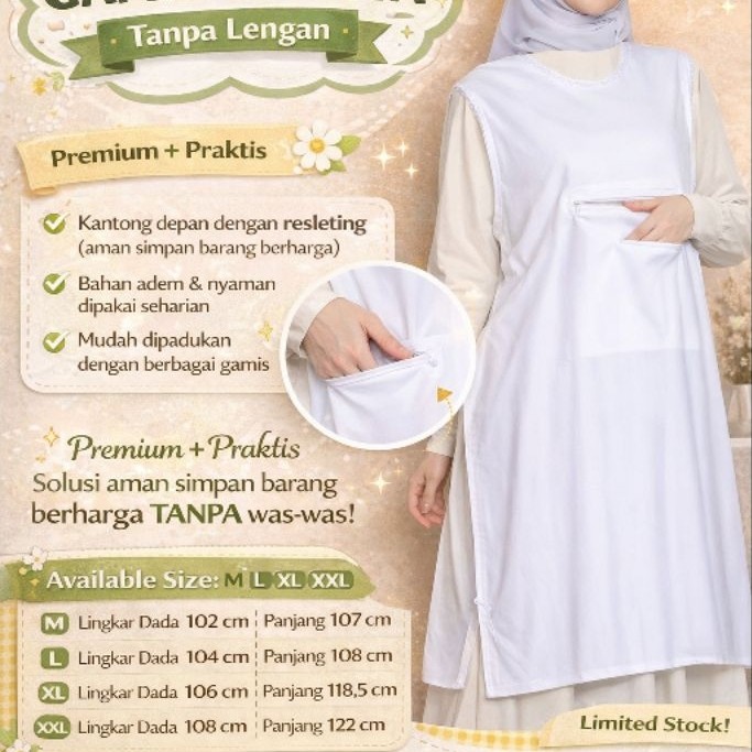 Dalaman Gamis Wanita Tanpa Lengan Polos Putih | Inner Dress Muslimah Premium Ada Saku Resleting