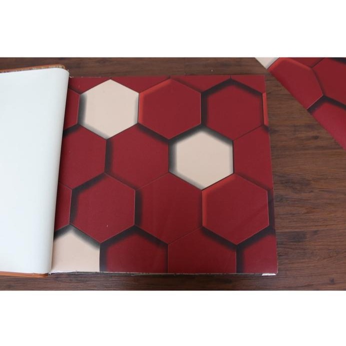 Wallpaper Dinding Vinyl Abstrak Segi Enam Maroon 3D