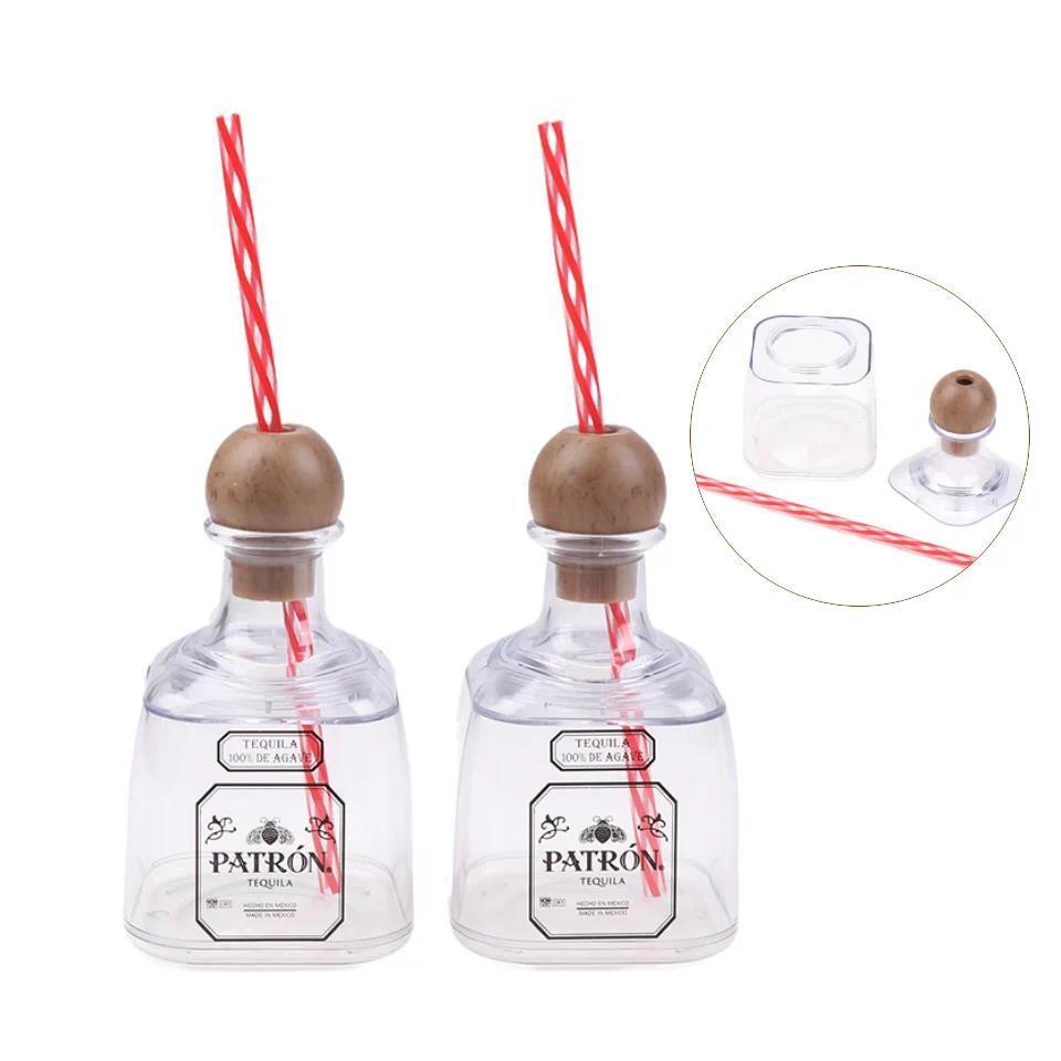 1/2/4Pcs 375ml Mini Tequila Bottle With Straw Hole Acrylic Reusable Cup Small Patron Bottle Empty Fo