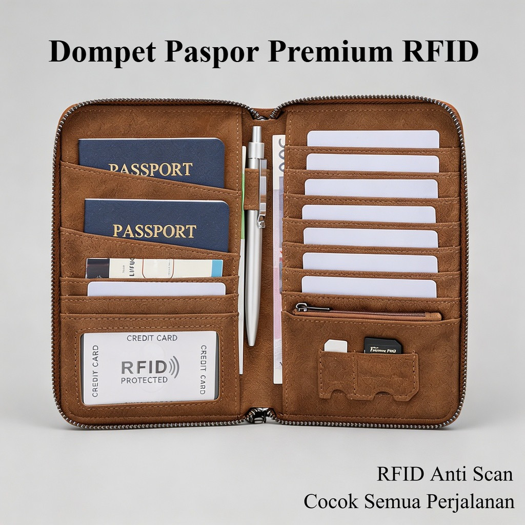 Dompet Paspor Premium RFID Anti Scan - Multifungsi Tempat Paspor, Visa & Tiket Cocok untuk Umroh, Li