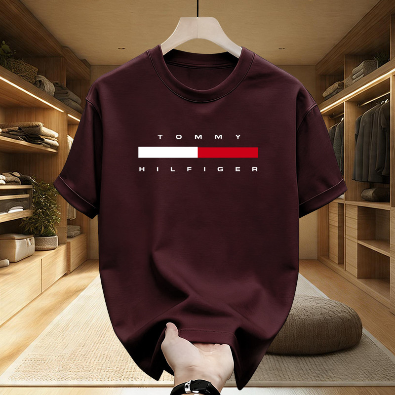 Kaos Tommy Hilfiger Unisex Katun 100% 24S T-Shirt Kasual Hangout Pria Wanita Outfit Santai Gaya Mini