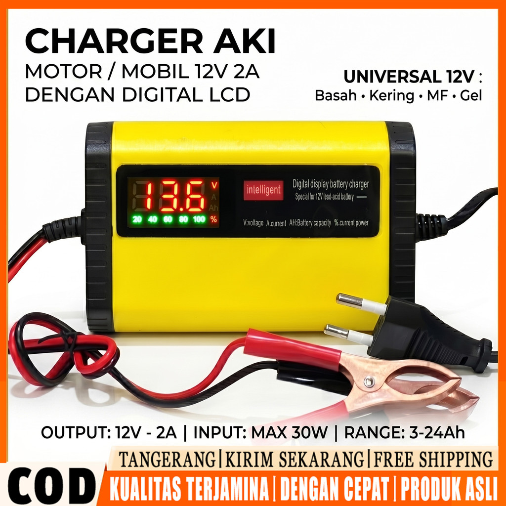 Charger Aki 12V - 2A Portable LCD Display Motor Mobil C1202-2 12 Volt 2Ampere Charger Aki Portable 1