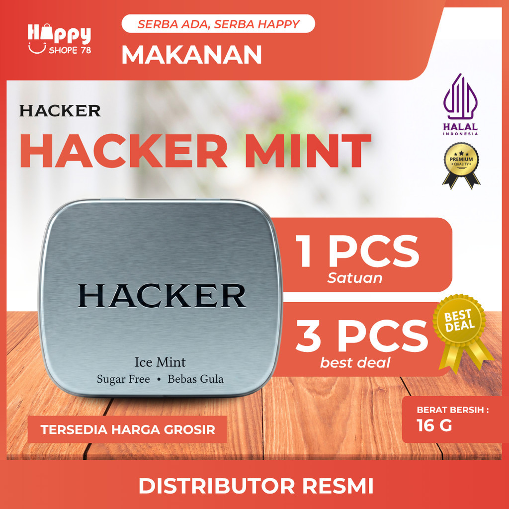 HACKER Permen Mint Bebas Gula 16gr Sugar Free Halal BPOM Segar Praktis