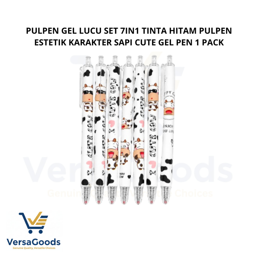 Pulpen Gel Lucu Set 7in1 Tinta Hitam Pulpen Estetik Karakter Sapi Cute Gel Pen 1 Pack