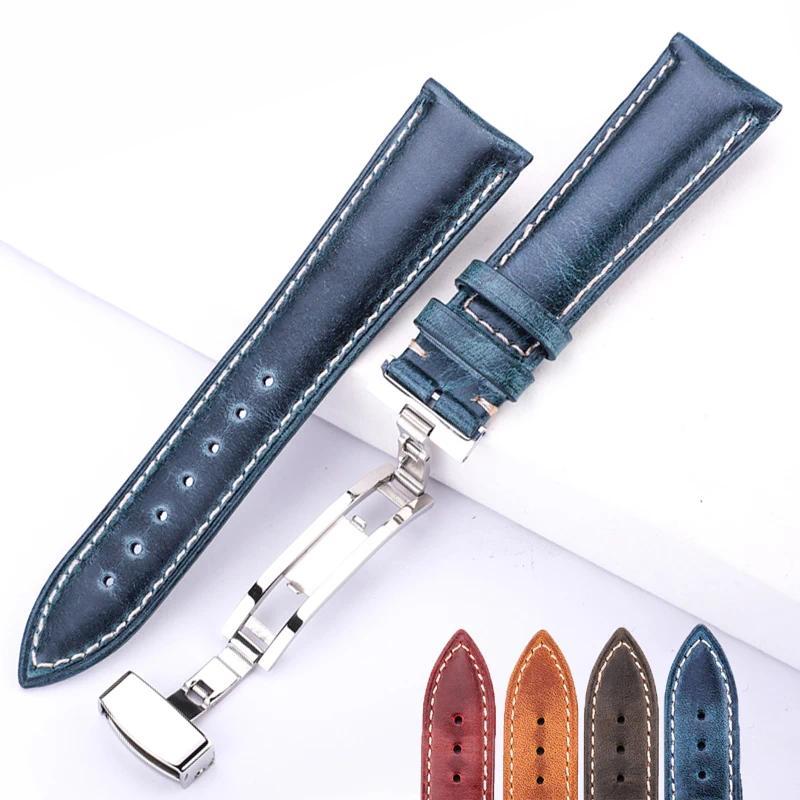 Tali Jam Tangan Kulit Sapi Berlapis Lilin 18mm 20mm 22mm 24mm Biru Kuning Hijau Wanita Pria Tali Kul