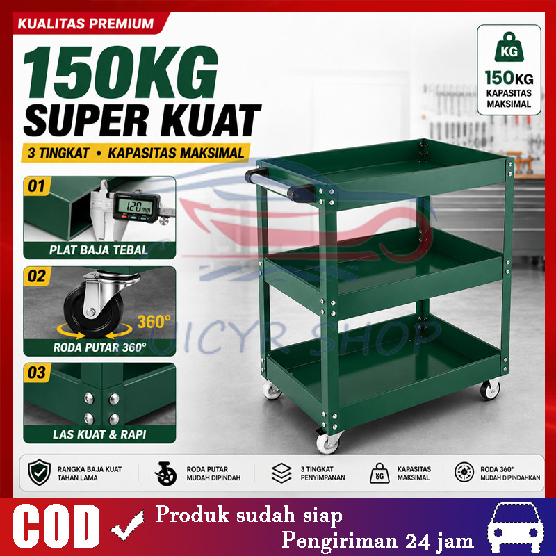 Rak Troli Bengkel 3 Susun Tool Cart Heavy Duty Rak Dorong Perkakas Service Mobil Motor Detailing Sal