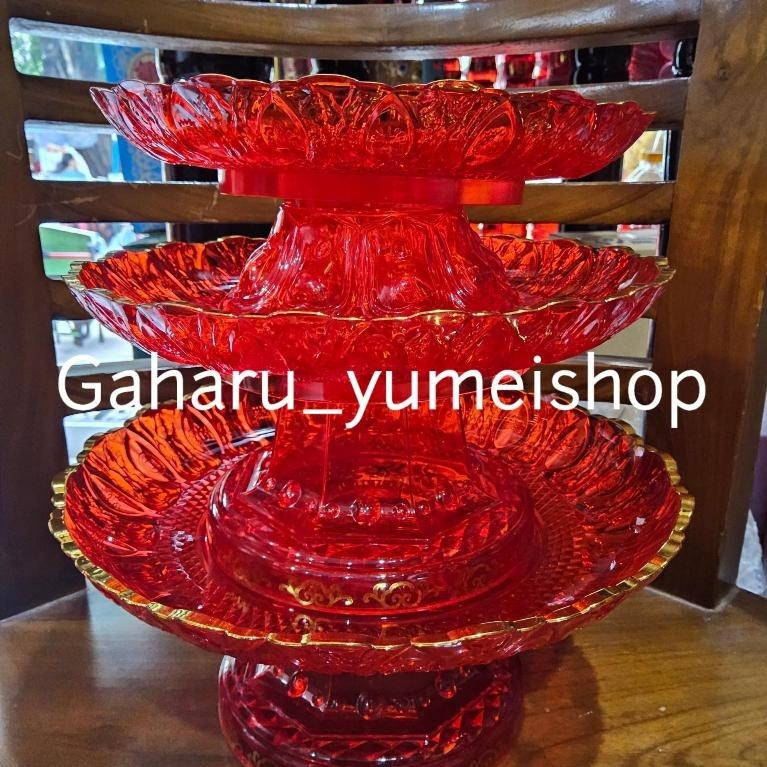 Piring Merah Bening Tempat Buah Permen Kue Puja Sembahyang Dewa Langit Kristal Plastik Kaki Tinggi