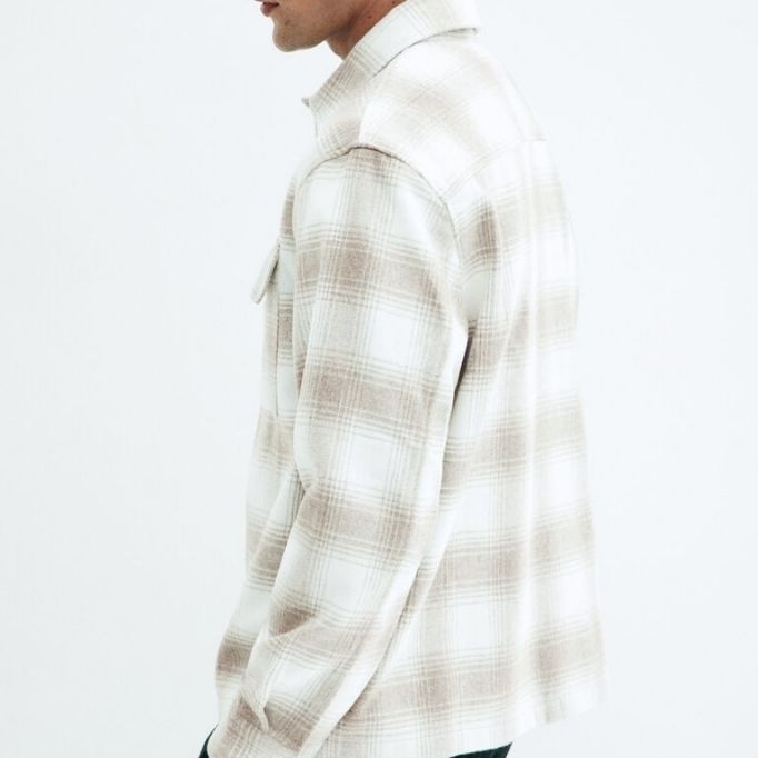HOT SALE HM Overshirt Shacket Flannel Pria Original Beige Plaid Kemeja Kotak-Kotak Tebal Premium